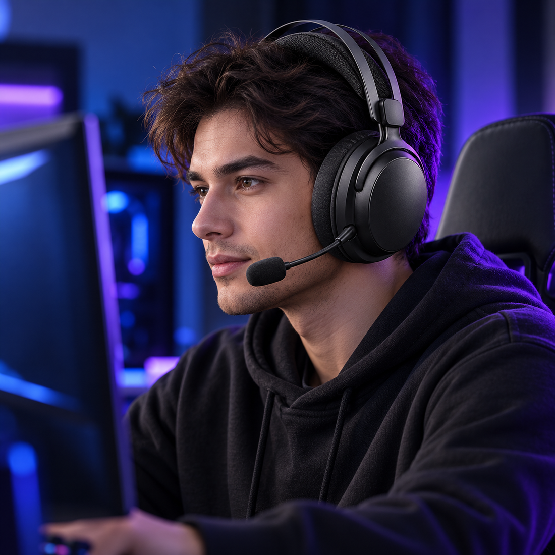 Halveniq Atmos H4 Closed-Back Gaming Headset, gaming setup scene; surrounding props are not included