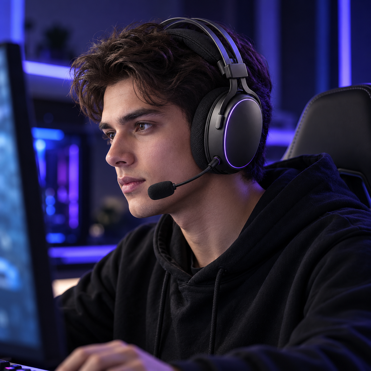 Halveniq Echo H1 Wireless Gaming Headset, gaming setup scene; surrounding props are not included