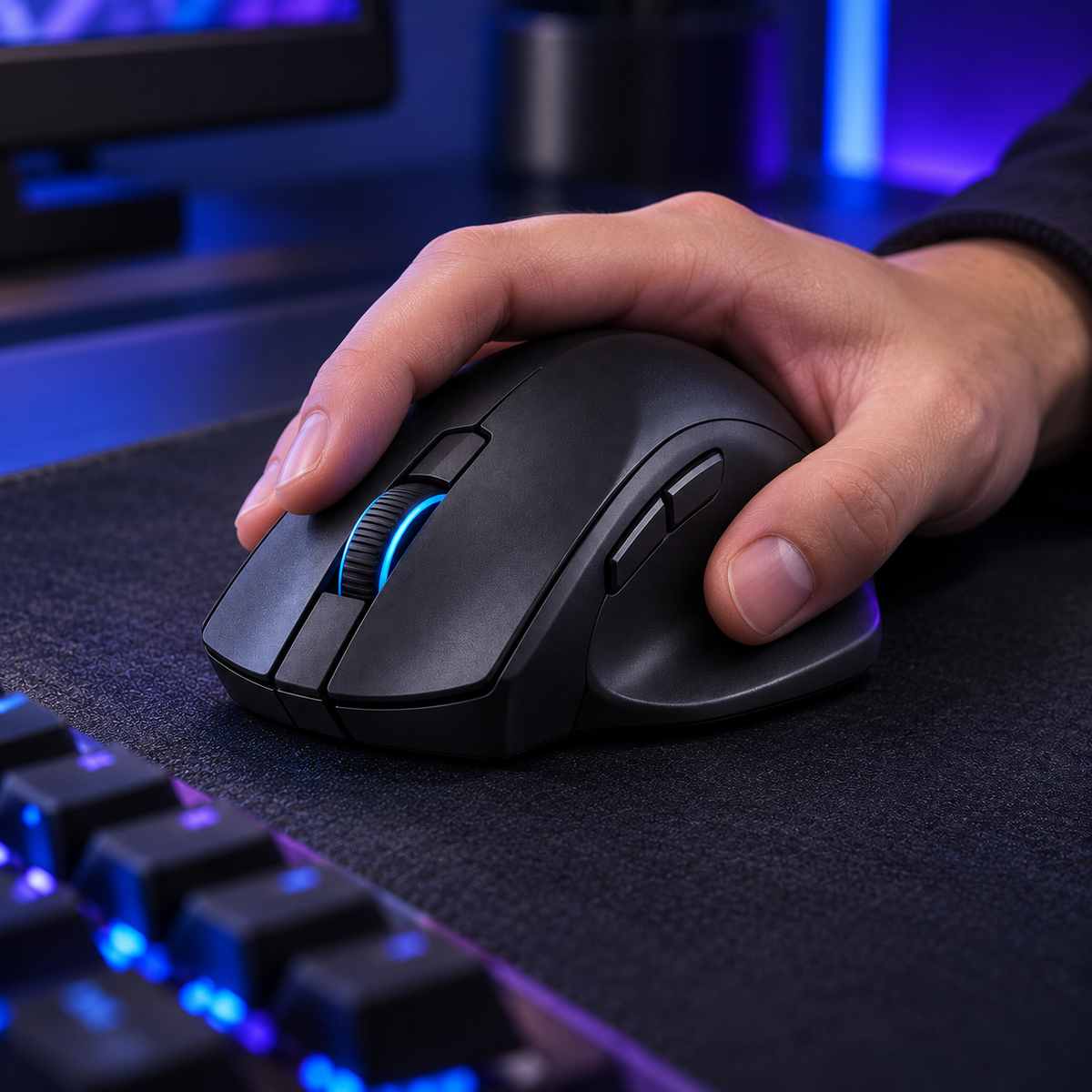 Halveniq Arc M2 Ergonomic Gaming Mouse, gaming setup scene; surrounding props are not included