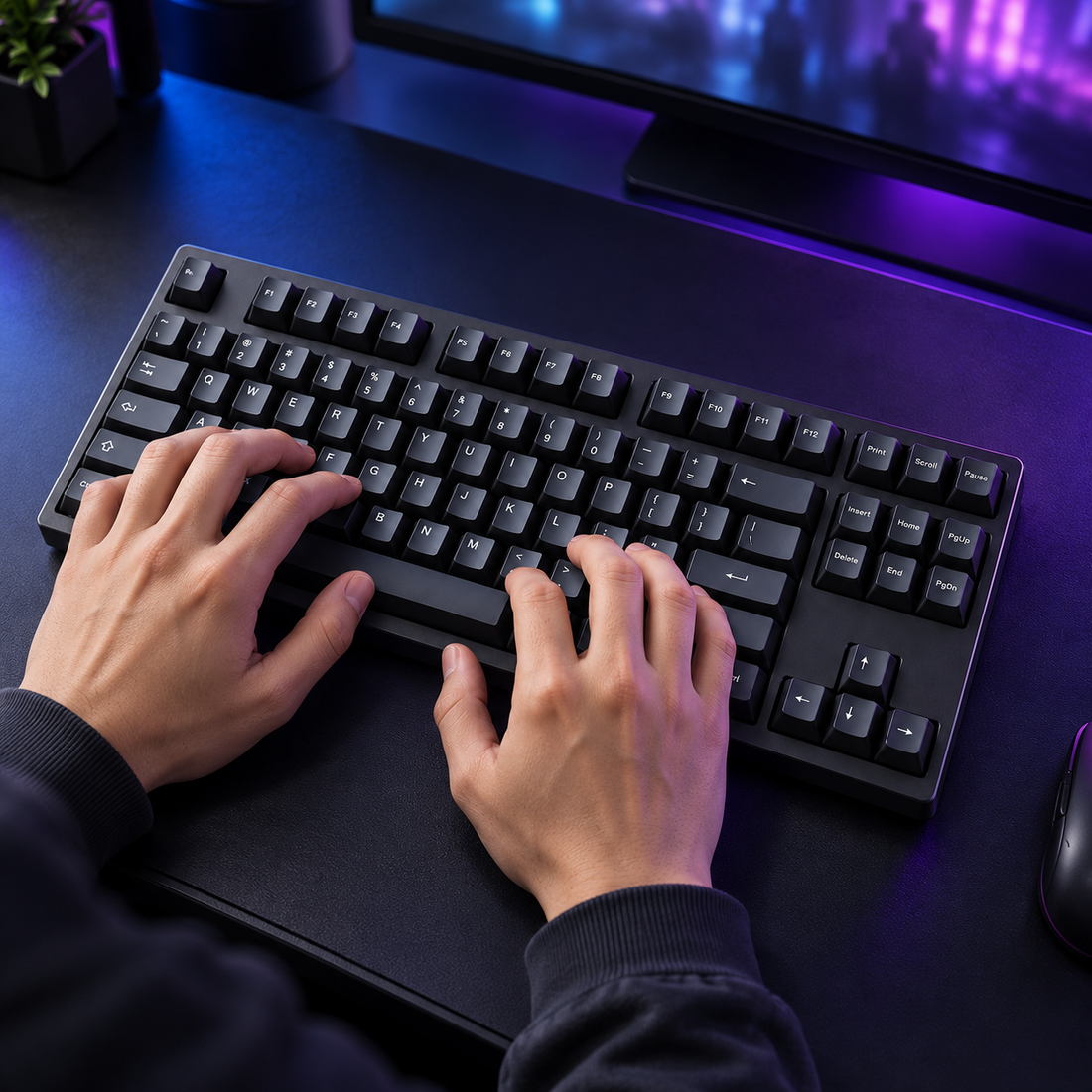 Halveniq Core K87 TKL Mechanical Keyboard, gaming setup scene; surrounding props are not included