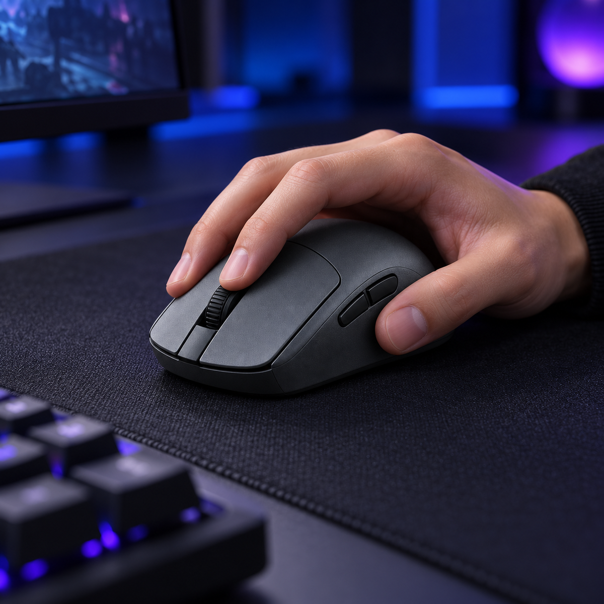 Halveniq Glide M4 Compact Gaming Mouse, gaming setup scene; surrounding props are not included