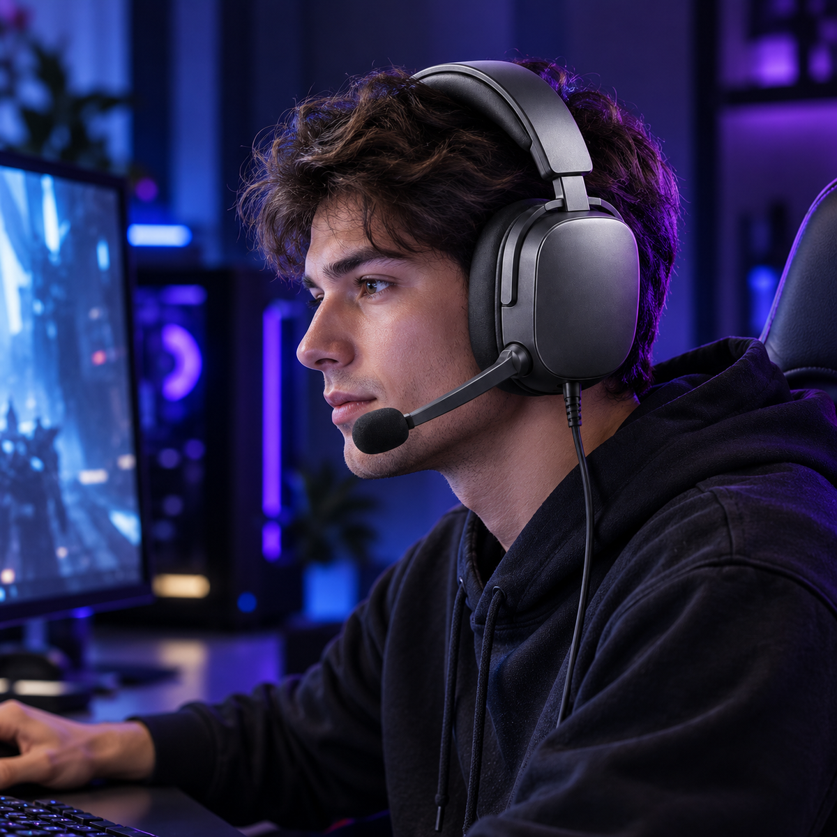 Halveniq Stage H2 USB Gaming Headset, gaming setup scene; surrounding props are not included
