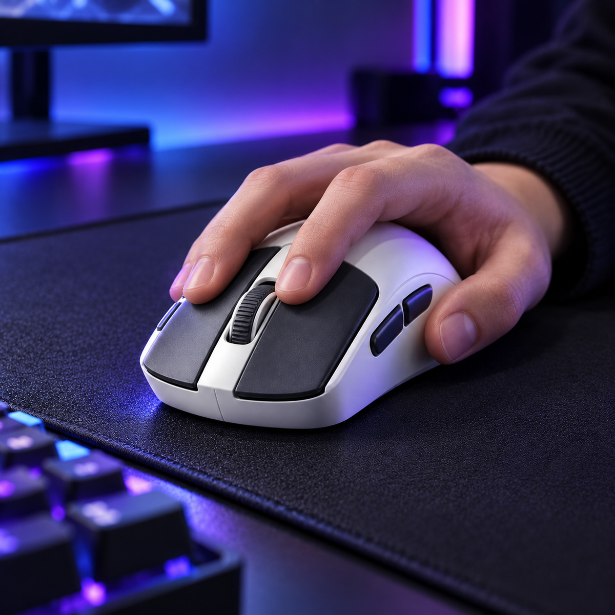 Halveniq Strafe M3 Ambidextrous Gaming Mouse, gaming setup scene; surrounding props are not included