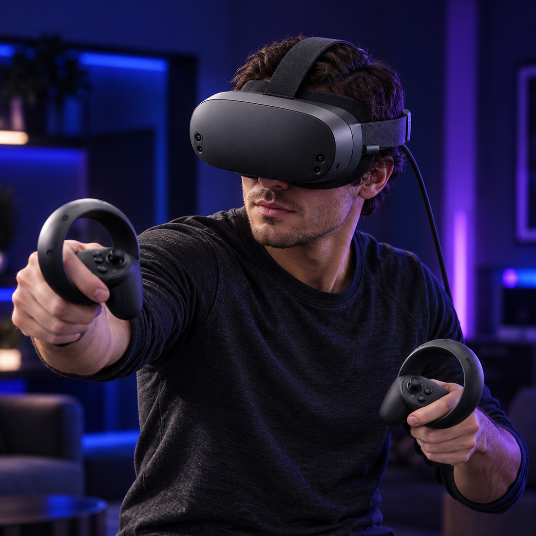 Halveniq Vista V1 Tethered VR Headset, gaming setup scene; surrounding props are not included