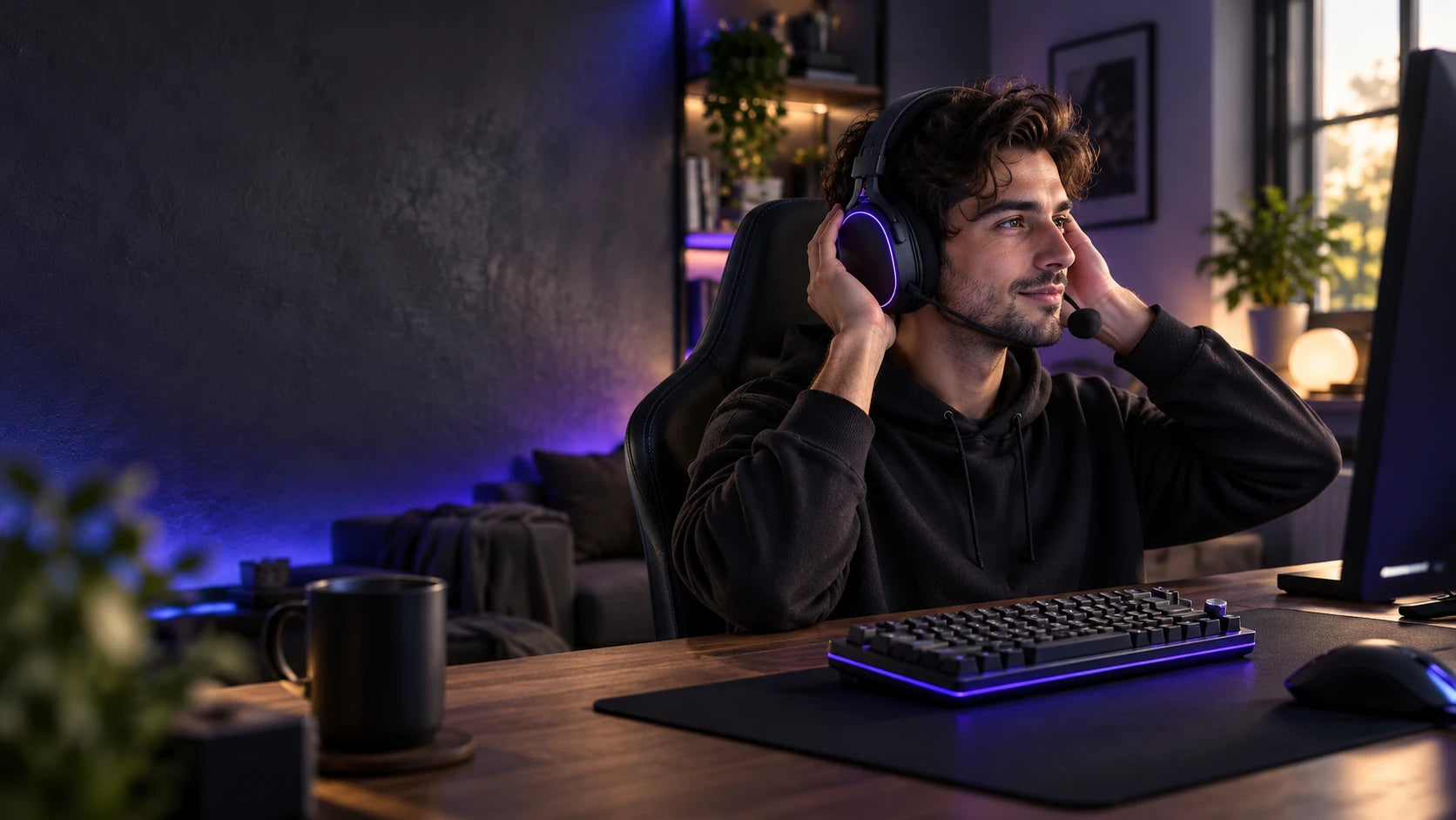 Halveniq gaming space with an adult adjusting a headset